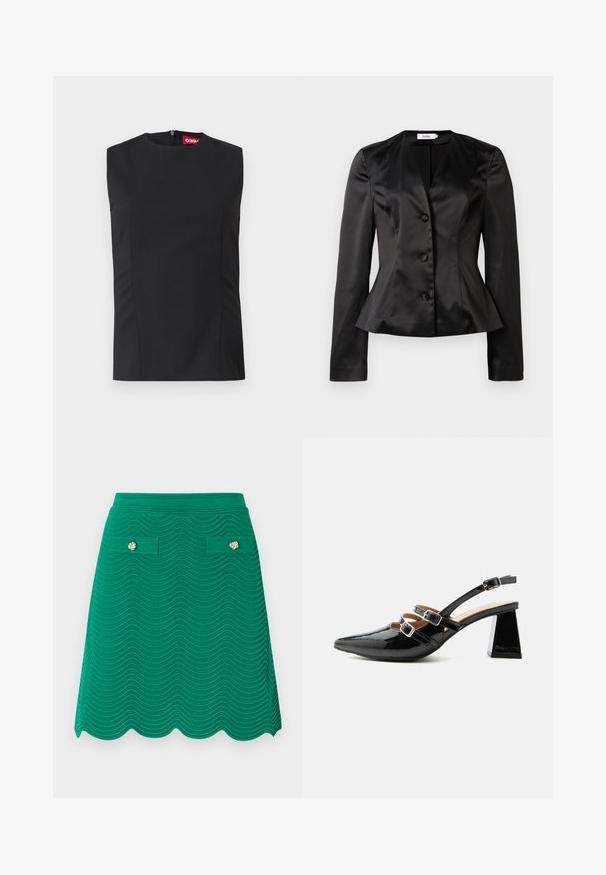 Blazer ajustado de satén negro con mangas largas, tres botones forrados de tela y una cintura ligeramente acampanada para una silueta ceñida.; Top negro sin mangas con cuello alto, pinzas en el frente y una cremallera invisible en la parte posterior. Está hecho de una tela suave con un ajuste estructurado.; Falda de punto verde con forma A, patrón ondulado, dobladillo con borde festoneado y dos bolsillos frontales con solapa decorados con botones dorados.; Tacón slingback de charol negro con dos cintas delanteras con hebilla y un tacón grueso y acampanado de 6 cm sobre un fondo claro y liso.