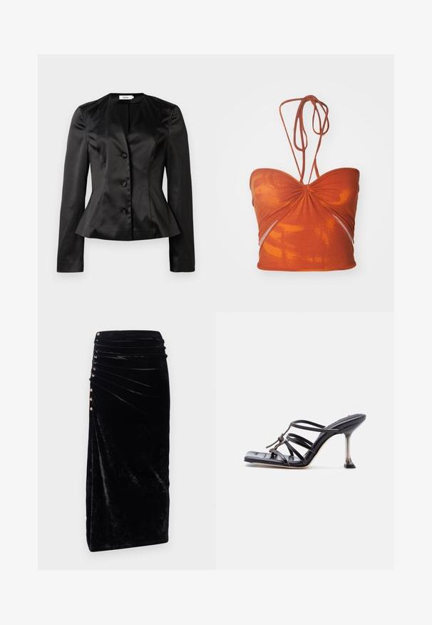 Sorte satin skræddersyet blazer med lange ærmer, tre stofbeklædte knapper og en let udvidet talje for en tætsiddende silhuet.; Orange strapless top med en samlet midte, subtilt mønster og tynde, justerbare skulderremme. Lavet af blød, strækbar stof.; Rabanne Pencil skirt - black; Sort højhælet sandal med stropper, firkantet tå og tynd stilet hæl, med overlappende stropper og en knudedetalje på overdelen.
