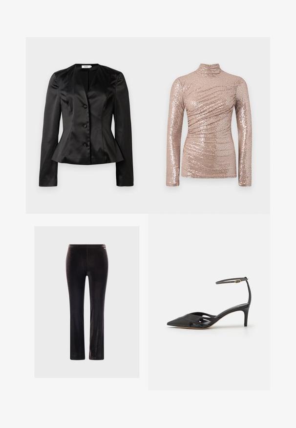 Sorte satin skræddersyet blazer med lange ærmer, tre stofbeklædte knapper og en let udvidet talje for en tætsiddende silhuet.; Langærmet top i lys pink med høj hals og draperet design, pyntet med glitrende palitter, der skaber en tekstureret, reflekterende overflade.; Sorte fløjlsbukser med slim fit, der har en glat tekstur og en subtil glans, uden synlig hardware eller mønstre.; Sort læder højhælet sko med spids tå, åbne sider og en tynd ankelrem med en lille guld detalje.
