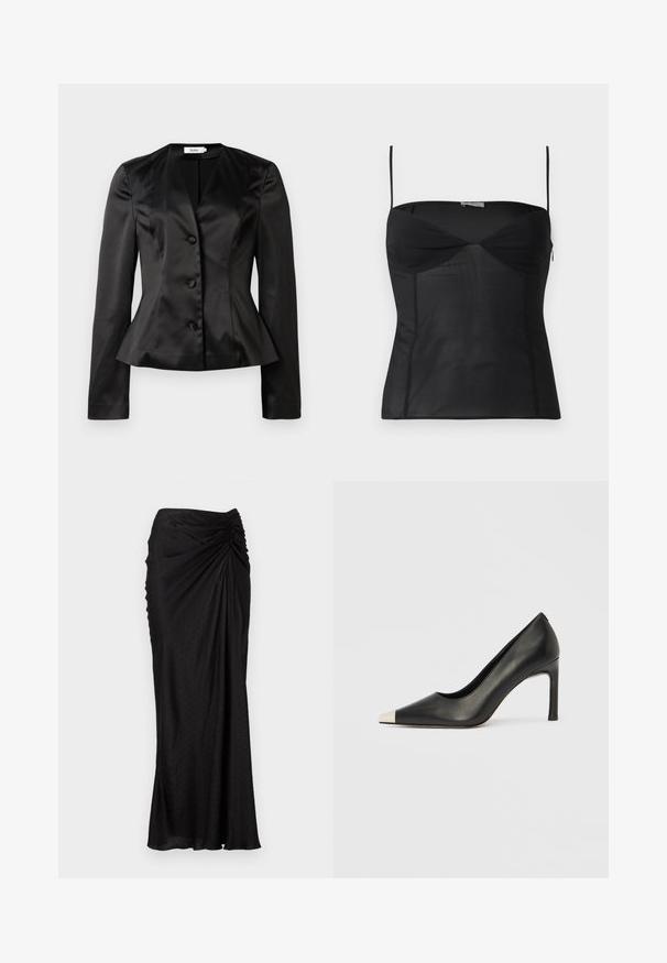 Zwarte satijnen blazer met lange mouwen, drie met stof bedekte knopen en een iets uitlopende taille voor een getailleerd silhouet.; Zwart mouwloos strak topje met dunne schouderbandjes, sweetheart halslijn en naaddetails op een effen witte achtergrond.; Zwarte midi rok van soepel materiaal met een gedrapeerd ontwerp, gestructureerde stippen en gerimpelde details bij de taille.; Zwarte leren hoge hak met een spits toelopende neus en een metalen zilverkleurige kap. Heeft een gladde afwerking en een slanke hak van 10 cm.