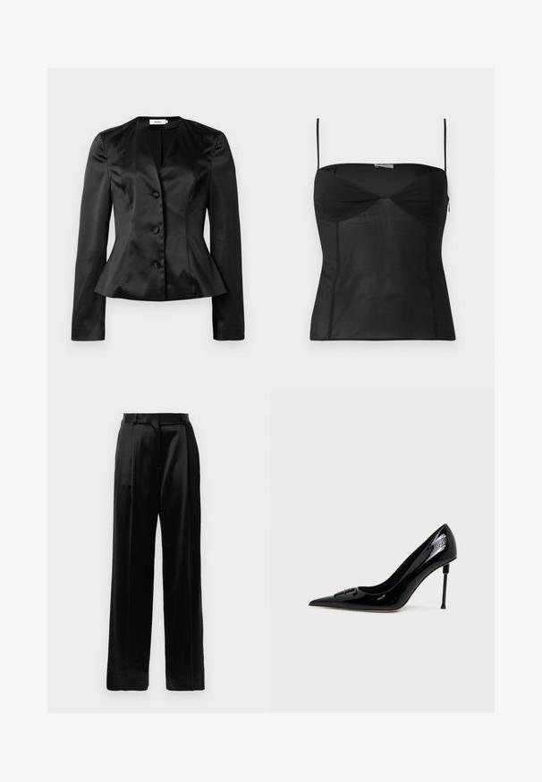 Blazer ajustado de satén negro con mangas largas, tres botones forrados de tela y una cintura ligeramente acampanada para una silueta ceñida.; Top negro sin mangas ajustado con tirantes delgados, escote corazón y detalles de costuras sobre un fondo blanco liso.; Pantalones de satén negros de tiro alto con piernas anchas rectas, presillas para cinturón y cierre frontal plano sobre un fondo blanco liso.; Zapato de tacón alto puntiagudo de charol negro con tacón de aguja cilíndrico, delgado y único, y hebilla decorativa en el frente.