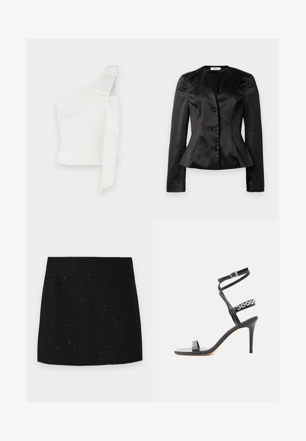 Zwarte satijnen blazer met lange mouwen, drie met stof bedekte knopen en een iets uitlopende taille voor een getailleerd silhouet.; Asymmetrische witte top gemaakt van textuurstof. Heeft een enkele schouderband met een strikdetail, wat het moderne ontwerp benadrukt.; Zwarte minirok met een textuur en subtiele glinsterende spikkels, recht gesneden, zonder zichtbare versieringen of patronen.; Zwarte sandaal met hoge hak, smalle enkelband, middenvoetband versierd met zilveren schakels en een open teenontwerp.