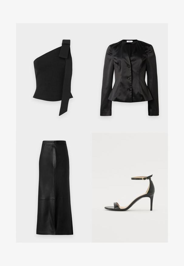 Blazer ajustado de satén negro con mangas largas, tres botones forrados de tela y una cintura ligeramente acampanada para una silueta ceñida.; Top negro asimétrico hecho de tela texturizada; presenta un detalle de lazo en el hombro izquierdo y un diseño ajustado.; Falda de cuero negra con una silueta recta, que presenta una abertura trasera, textura suave y costuras visibles.; Sándalo de tacón alto de piel negra con tiras en el tobillo. Presenta una textura suave, puntera abierta y un tacón delgado. Detalles de hebilla en tono dorado.