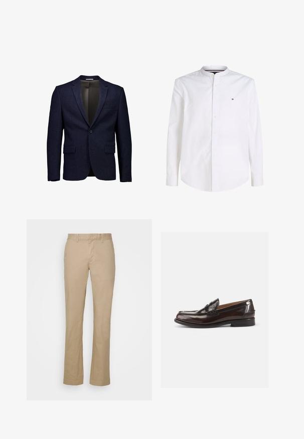 Blazer azul marino oscuro de un solo botón con solapas con muesca, dos bolsillos delanteros con solapa y un bolsillo de ojal en el pecho, mostrado sobre un fondo blanco.; Camisa blanca de hombre de manga larga con botones, cuello mao y un pequeño logo de Tommy Hilfiger en el pecho.; Pantalones rectos beige de tela de algodón con parte delantera plana y trabillas para cinturón. Presenta un cierre de botón único y puños rematados.; Mocasines de cuero marrón con un acabado brillante, un diseño cosido en la punta y un tacón bajo. Detalle de marca en relieve en el lateral.