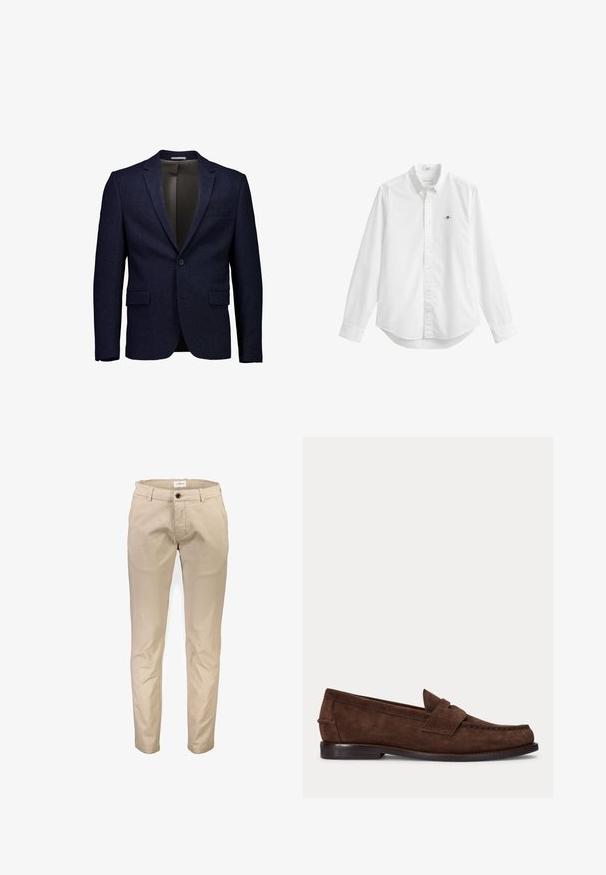 Blazer azul marino oscuro de un solo botón con solapas con muesca, dos bolsillos delanteros con solapa y un bolsillo de ojal en el pecho, mostrado sobre un fondo blanco.; Camisa blanca de manga larga con cuello, botones delanteros y un pequeño logo bordado en el pecho izquierdo.; Pantalones de algodón beige con diseño de pierna recta, que cuentan con bolsillos delanteros, cierre de cremallera y un solo botón. Textura lisa, sin estampados.; Zapato tipo loafer de ante marrón con tacón bajo y costuras visibles en la punta, el lateral y la parte trasera, mostrado sobre un fondo claro y liso.