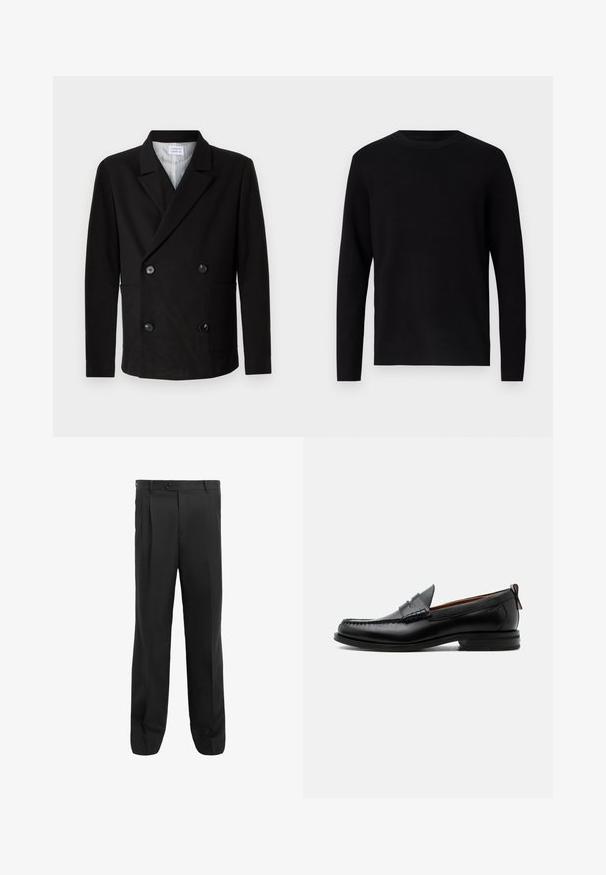 Libertine-Libertine PUBLIC - Veste de costume - black; Pull en maille noir avec un col rond et des manches longues. Texture lisse et couleur unie, sans motifs ni accents visibles.; Pantalons noirs au design droit, avec des plis, une fermeture à un bouton et des passants de ceinture. Fabriqués en tissu lisse.; Mocassin homme en cuir noir avec couture moc toe, bride penny, col texturé et petit talon empilé sur fond blanc.