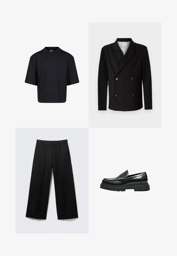 Libertine-Libertine PUBLIC - Sakko - black; Schwarzes Baumwoll-T-Shirt mit Rundhalsausschnitt, kurzen Ärmeln und oversized Passform. Glatte Textur und minimalistisches Design. Keine sichtbaren Logos.; Schwarze Hosen mit weitem Bein, Gürtelschlaufen, Vordertaschen und Reißverschluss, auf einem hellgrauen Hintergrund präsentiert.; Schwarzer Leder-Slipper mit dicker Profilsohle und Pennyriemen-Detail, seitlich auf weißem Hintergrund gezeigt.