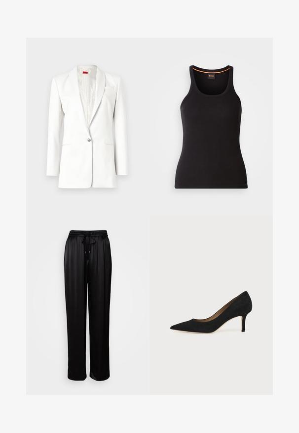 Hvid blazer med en enkelt knaplukning, notched lapels og en subtil tekstur. Har en lommevisk detail og satin-lignende indvendig foring.; Sort ribbet tanktop med rund halsudskæring. Har en tætsiddende pasform og orange detaljer ved halsen. Brandlogo subtilt broderet på fronten.; Sorte, løstsiddende bukser med elastisk talje og snøre, præsenteret mod en ensfarvet hvid baggrund.; Sort ruskind spids tå højhælet pumpe med en slank mellemhøj stilethæl og et lavt snit på en ensfarvet baggrund.