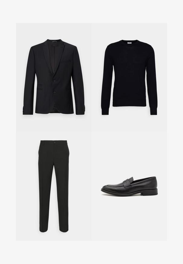 Blazer noir avec un col en dents de scie, deux boutons et deux poches avant. Il présente un tissu texturé et des boutons décoratifs sur les manches.; Pull noir à manches longues en tricot doux. Encolure ronde, poignets et ourlet côtelés. Design minimaliste sans motifs ni boutons visibles.; Pantalons noirs ajustés à coupe droite, dotés d'une fermeture à un bouton et de passants de ceinture. Tissu lisse, mat et sans motifs.; Mocassin en cuir noir avec une finition lisse, une sangle décorative sur le dessus, un bout rond et un petit talon empilé.