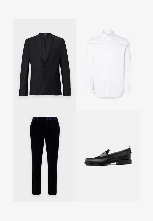 Blazer negro con solapas muestradas, dos botones y dos bolsillos frontales. Presenta una tela texturizada y botones decorativos en las mangas.; Camisa blanca de manga larga con cuello clásico y puños abotonados.; Pantalones de terciopelo azul oscuro con un frente plano, presillas para cinturón y un diseño ajustado. La textura suave y el brillo sutil mejoran la apariencia.; Mocasín de cuero negro con detalle de tira gris, tacón bajo y suela texturizada, con la marca "HUGO" en oro en el lateral.