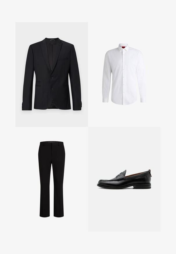 Sort blazer med spids revers, to knapper og to forlommer. Har struktureret stof og dekorative knapper på ærmerne.; Hvid skjorte med knapper lavet af glat stof med klassisk krave, lange ærmer og rundet kant. Har beige knapper foran.; Sorte skræddersyede bukser lavet af glat stof, med en lige ben-design, bælte løkker og front-lommer for ekstra funktionalitet.; Sort læder herre loafer med moc-tå syning, penny strop, struktureret krave og lav stablet hæl på hvid baggrund.
