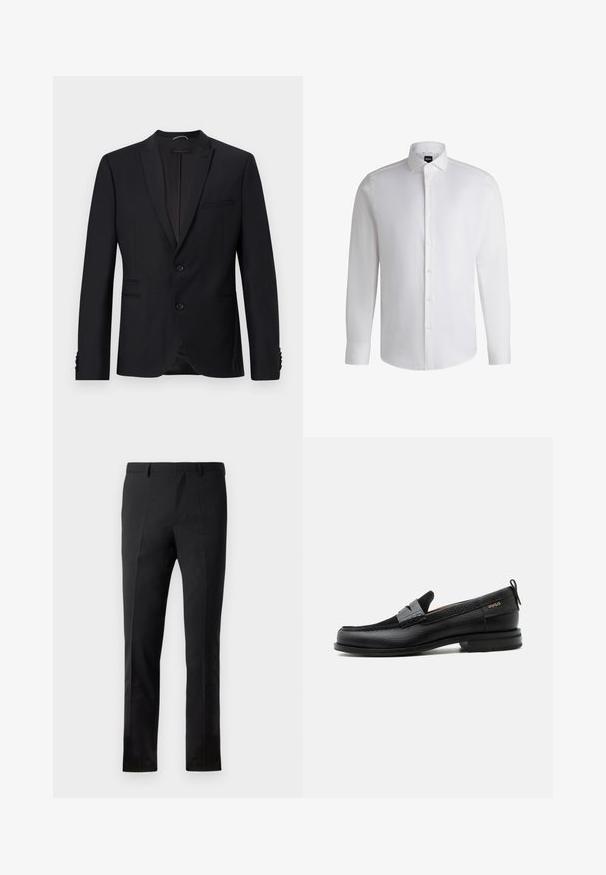 Blazer noir avec un col en dents de scie, deux boutons et deux poches avant. Il présente un tissu texturé et des boutons décoratifs sur les manches.; Chemise blanche à manches longues en coton lisse, dotée d'un col classique, d'une patte de boutonnage complète et de poignets à bouton. Design minimaliste.; Pantalons noirs à coupe ajustée, avec un devant plat, deux plis, des passants de ceinture et une texture lisse. Aucune motif ou métal visible.; Mocassin en cuir noir avec détail de bride grise, talon bas et semelle texturée, marqué "HUGO" en or sur le côté.