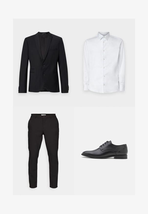 Sort blazer med spids revers, to knapper og to forlommer. Har struktureret stof og dekorative knapper på ærmerne.; Hvid langærmet skjorte lavet af glat stof, med en klassisk krave, knaplukning og manchetter med knapper, vist på en ensfarvet baggrund.; Sorte skræddersyede bukser med slim fit. Har lynlås, knaplukning, sidelommer og et glat, let stof.; Sorte læderdressko med en glat tekstur, spids tå, lav hæl og seks snørrehuller. Simpelt design uden udsmykninger.