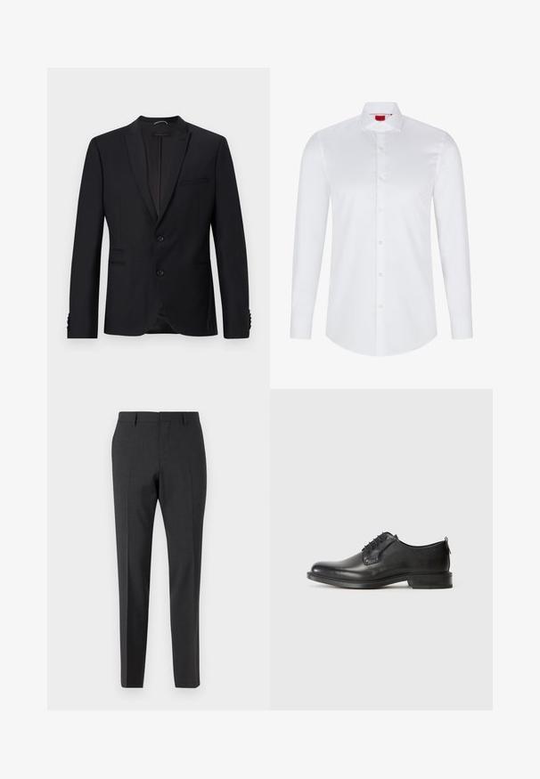 Blazer negro con solapas muestradas, dos botones y dos bolsillos frontales. Presenta una tela texturizada y botones decorativos en las mangas.; Camisa blanca de manga larga con botones, hecha de algodón suave. Presenta un cuello clásico, una botonera completa y un dobladillo redondeado.; Pantalones tailored en gris oscuro con una textura suave, de corte ajustado, frente plano y pasadores para cinturón, diseñados para atuendos formales o de negocios.; Zapato de vestir para hombre de cuero negro con cordones, tacón bajo y acabado suave, mostrado en perfil lateral sobre un fondo claro y liso.