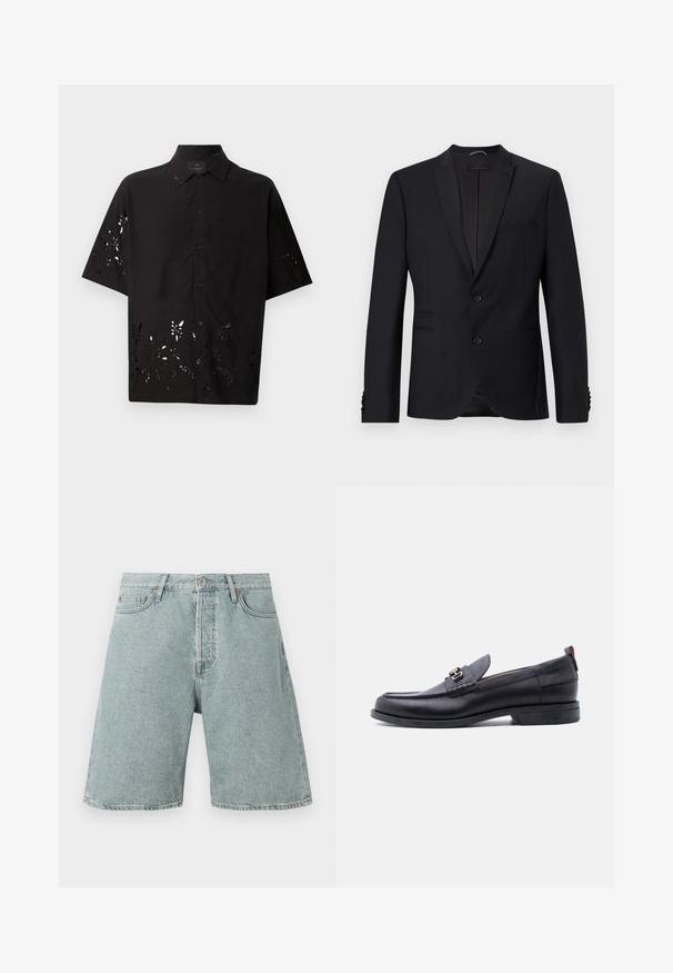 Blazer negro con solapas muestradas, dos botones y dos bolsillos frontales. Presenta una tela texturizada y botones decorativos en las mangas.; Camisa negra de manga corta con cuello y un patrón floral recortado en el dobladillo, con cierres de botón en la parte delantera y una textura suave.; Pantalones cortos de mezclilla azul claro con un ajuste relajado, cinco bolsillos y cierre de botón. Textura desgastada con costuras visibles.; Mocasín de cuero negro con empeine gris texturizado, detalle de hebilla metálica plateada, tacón bajo y lengüeta para tirar en la parte trasera.