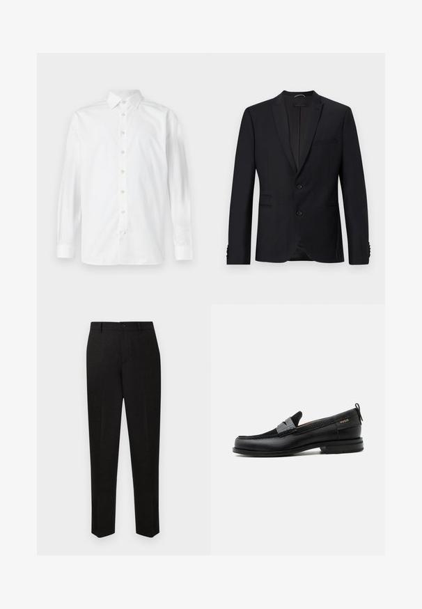 Zwarte blazer met een geknipte revers, twee knopen en twee voorzakken. Heeft een textuurstof en decoratieve knopen op de mouwen.; Wit overhemd met lange mouwen, knoopsluiting, spreidkraag en knoopmanchetten, weergegeven op een effen witte achtergrond.; Zwarte op maat gemaakte broek met een rechte pijp, voorzien van een knoopsluiting en een subtiele textuur. Geen zichtbare patronen of accenten.; Zwarte leren loafer met grijs riemdetailelement, lage hak en gestructureerde zool, aan de zijkant gebrandmerkt met "HUGO" in goud.