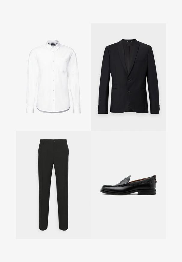 Blazer negro con solapas muestradas, dos botones y dos bolsillos frontales. Presenta una tela texturizada y botones decorativos en las mangas.; Camisa blanca de manga larga hecha de algodón, con collar abotonado, bolsillo delantero y dobladillo redondeado con puños abotonados.; Pantalones negros ajustados con corte recto, que cuentan con un cierre de un solo botón y trabillas para cinturón. Tejido liso, mate y sin patrones.; Mocasín de hombre de piel negra con costura moc toe, tira penny, cuello texturizado y tacón bajo apilado sobre fondo blanco.