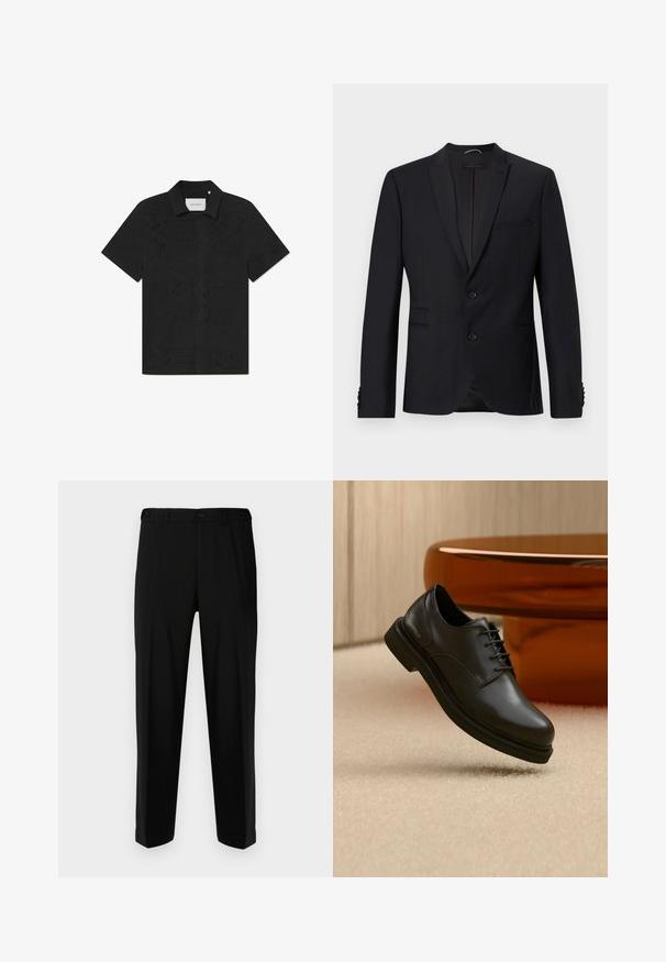 Schwarzes Blazer mit Reverskragen, zwei Knöpfen und zwei Fronttaschen. Verfügt über strukturierte Stoffe und dekorative Knöpfe an den Ärmeln.; Schwarzes kurzärmliges Shirt aus atmungsaktiven Stoff mit kunstvollen Ausschnittmustern und einer geknöpften Front.; Schwarze Hosen aus glattem Stoff, mit geradem Schnitt, zwei vorderen Taschen und einem Reißverschluss mit Knopfverschluss.; Schwarzer Leder-Schnürschuh, der über einem beigen Teppich schwebt, mit einem glänzenden braunen abgerundeten Objekt im Hintergrund.