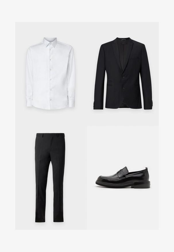 Blazer noir avec un col en dents de scie, deux boutons et deux poches avant. Il présente un tissu texturé et des boutons décoratifs sur les manches.; Chemise blanche à manches longues en tissu lisse, dotée d'un col classique, d'une patte de boutonnage et de poignets avec boutons, présentée sur un fond uni.; Pantalons noirs à coupe ajustée, avec un devant plat, deux plis, des passants de ceinture et une texture lisse. Aucune motif ou métal visible.; Calvin Klein MOCCASIN - Mocassins de ville - black