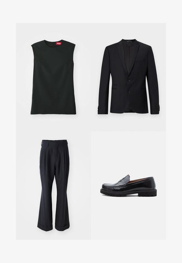 Blazer noir avec un col en dents de scie, deux boutons et deux poches avant. Il présente un tissu texturé et des boutons décoratifs sur les manches.; Un haut sans manches noir avec un col rond, en tissu lisse, et une fermeture éclair au dos. Il présente une petite étiquette rouge avec le logo "032c" au niveau du cou.; Pantalons noirs ajustés avec une coupe décontractée, devant plissé et jambes larges. Caractéristiques d'un ourlet à retournement et d'une texture de tissu lisse.; Mocassin penny en cuir noir avec semelle en caoutchouc épaisse et couture moc toe, montré de profil sur un fond blanc.