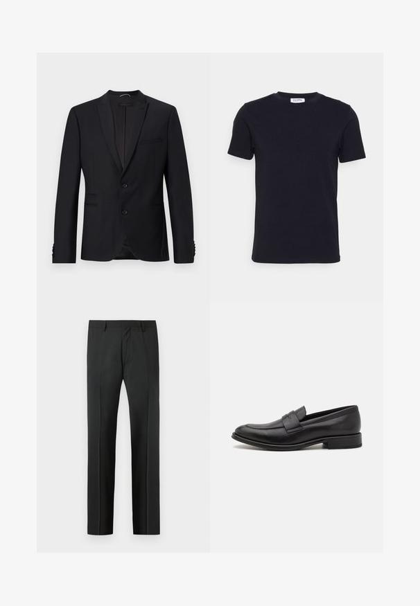 Svart blazer med notched lapel, to knapper og to frontlommer. Har teksturert stoff og dekorative knapper på ermene.; Svart korterbarmet t-skjorte med rund hals og en liten hvit etikett på innsiden av halslinningen.; Sorte skreddersydde bukser med beltehemper og frontbrett, vist mot en lys grå bakgrunn.; Sorte skinnloafere med en glatt finish, en dekorativ stropp over toppen, rund tå, og en lav stablet hæl.