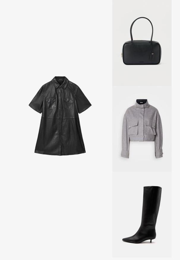 Grijze cropped jas met hoge kraag, twee voorflapzakken met drukknoopsluitingen en lange mouwen met manchetdetails.; Zwarte leren shirtjurk met korte mouwen, kraag, twee borstzakken en een sluiting met knopen aan de voorkant. Soepele textuur met geknipte naden.; Zwarte leren kniehoge laars met puntige neus en lage kittenhak tegen een effen lichte achtergrond.; Zwarte rechthoekige handtas met dubbele afgeronde handvaten, gouden ritssluiting en geperst "HUGO" logo aan de voorkant met een aangehecht lederen label.