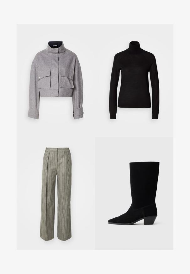 Chaqueta gris corta con cuello alto, dos bolsillos frontales con solapa y botón a presión, y mangas largas con detalles en los puños.; Suéter negro de cuello alto hecho de un tejido de punto ligero. Presenta mangas largas y una silueta ajustada con costuras raglán.; Pantalones de pierna ancha a rayas grises con plisados, tejido texturizado, cintura alta y diseño confeccionado. Apta para uso casual o formal.; Botín de ante negro hasta el tobillo con punta afilada, caña de altura media y tacón grueso. Presenta costuras mínimas y una textura suave.
