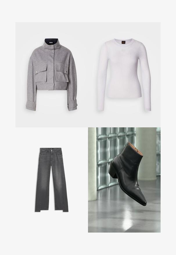 Grå cropped jakke med høj krave, to forlommer med klap og trykknapper, og lange ærmer med manchet detaljer.; Hvid langærmet top lavet af ribstrikket stof; har rund halsudskæring og tætsiddende design med subtil tekstur og sømdetaljer.; Grå denim jeans med vid benåbning, der har et klassisk fem-lomme design og subtil falming over stoffet.; Sort læderankelstøvle med spids tå og blokhæl, der svæver over en reflekterende grå gulv nær en væg af glasblokke.