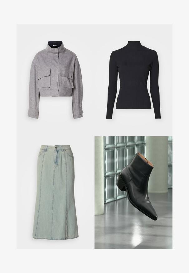 Veste grise courte avec col montant, deux poches avant à rabat avec boutons-pression, et manches longues avec détails de poignet.; Haut noir à col roulé côtelé avec des manches longues. Fabriqué en tissu extensible avec une coupe ajustée et un col montant. Design simple sans embellissements.; Jupe midi en denim bleu clair avec bouton sur le devant, fermeture éclair, passants de ceinture et détails de couture verticaux.; Bottine en cuir noir avec un bout pointu et un talon carré lévitant au-dessus d'un sol gris réfléchissant près d'un mur en blocs de verre.