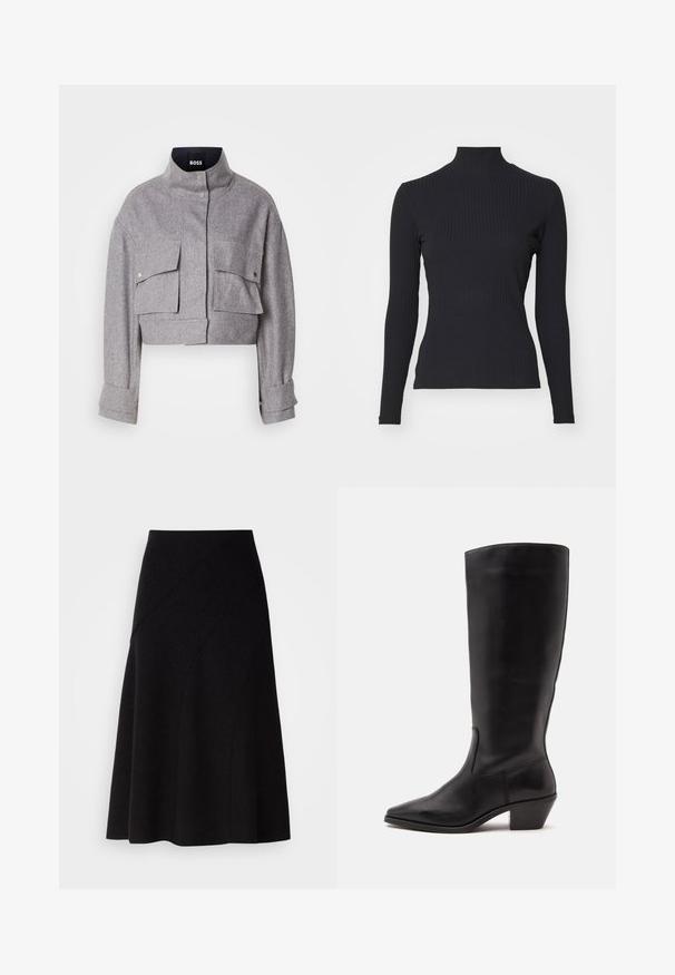 Grijze cropped jas met hoge kraag, twee voorflapzakken met drukknoopsluitingen en lange mouwen met manchetdetails.; Zwarte geribde coltrui met lange mouwen. Gemaakt van rekbare stof met een getailleerde pasvorm en hoge kraag. Eenvoudig ontwerp zonder versieringen.; Zwarte wollen A-lijn rok met een middelhoge taille, voorzien van diagonale naaddetails en een gladde textuur, die net onder de knie valt.; Zwarte leren laars tot half op de kuit met een puntige neus en een lage schuine hak op een effen lichte achtergrond.