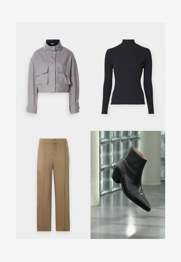 Grå cropped jakke med høj krave, to forlommer med klap og trykknapper, og lange ærmer med manchet detaljer.; Sort ribbet turtle-sweater med lange ærmer. Lavet af strækbart stof med en tætsiddende pasform og høj krave. Enkel design uden udsmykninger.; Khaki bukser lavet af glat stof, med en mellemhøj talje, lige ben-design og to lodrette sømme for ekstra detaljer.; Sort læderankelstøvle med spids tå og blokhæl, der svæver over en reflekterende grå gulv nær en væg af glasblokke.