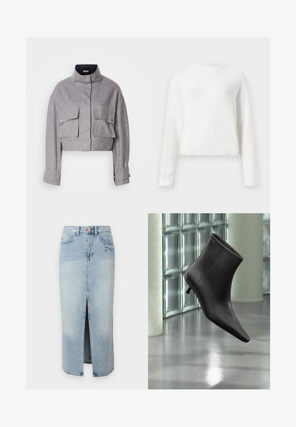 Grijze cropped jas met hoge kraag, twee voorflapzakken met drukknoopsluitingen en lange mouwen met manchetdetails.; Witte lange mouwen fuzzy crewneck trui met een iets cropped pasvorm en textuurstof.; Fabienne Chapot CARLYNE SKIRT - Jeansrok - light blue tinted; Zwarte leren enkellaars met puntige neus en lage hak, afgebeeld tegen een glazen blokkenmuur en gepolijste vloer op de achtergrond.