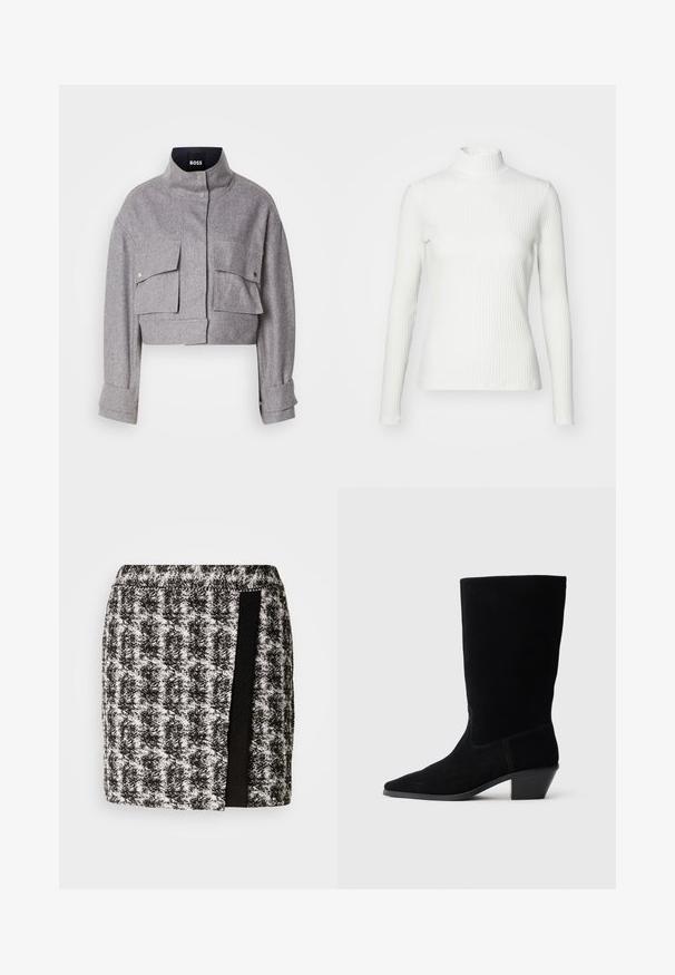 Grå cropped jakke med høj krave, to forlommer med klap og trykknapper, og lange ærmer med manchet detaljer.; Hvid ribbet turtleneck blouse med lange ærmer, lavet af elastisk stof. Har et tætsiddende design og høj hals for god dækning.; Sort og hvid houndstooth nederdel med elastisk talje, der har et sort stofpanel på siden. Kortskaft, tekstureret stof.; Sort ruskind ankelstøvle med spidse tæer, mellemhøj skaft og en chunky hæl. Fuldender et minimalistisk design med lidt syninger og en glat tekstur.