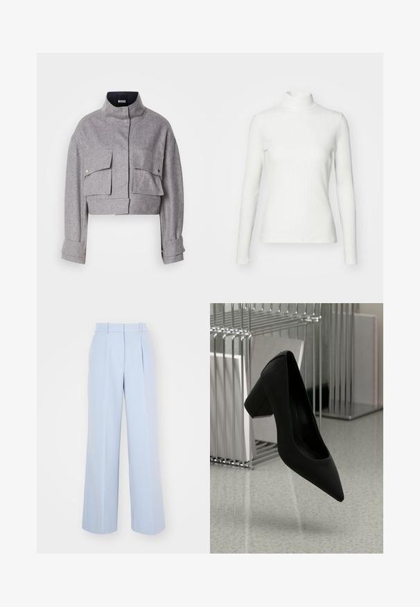 Grå cropped jakke med høj krave, to forlommer med klap og trykknapper, og lange ærmer med manchet detaljer.; Hvid ribbet turtleneck blouse med lange ærmer, lavet af elastisk stof. Har et tætsiddende design og høj hals for god dækning.; Lysblå vidde bukser med høj talje, der har plisseringer foran, lavet af et glat, vævet stof. Ingen synlig hardware.; Sort højhælet sko med spidse tæer og en kraftig hæl, lavet af struktureret læder, svævende over et glat gulv.