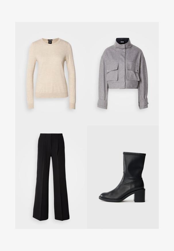 Grijze cropped jas met hoge kraag, twee voorflapzakken met drukknoopsluitingen en lange mouwen met manchetdetails.; BOSS FERPINA - Trui - light beige; Zwarte broeken van soepele stof, met een hoge taille, wijde pijpen en twee plooien aan de voorkant voor extra ontwerpelementen.; Zwarte leren enkellaars met een ronde neus, een gladde textuur en een chunky hak, met een strak schacht en subtiele stiksels.