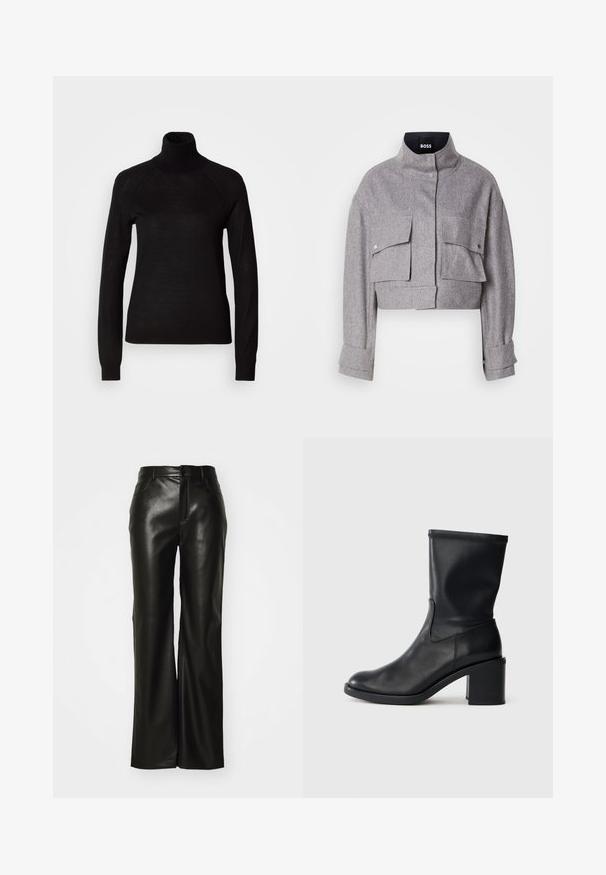 Grå cropped jakke med høj krave, to forlommer med klap og trykknapper, og lange ærmer med manchet detaljer.; Sort turtleneck sweater lavet af et let strikket stof. Har lange ærmer og en tætsiddende silhuet med raglan-sømme.; Sorte bukser i bredt snit af imiteret læder med en glat tekstur, lynlås foran og bæltestropper; minimalistisk design uden synlige mønstre eller detaljer.; Sort læder ankelstøvle med rund tå, glat tekstur og en grov hæl, der har et tætsiddende skaft og subtil syning.
