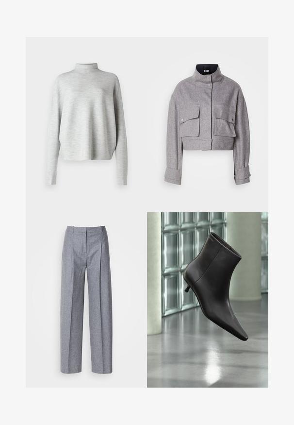 Grå cropped jakke med høj krave, to forlommer med klap og trykknapper, og lange ærmer med manchet detaljer.; Lys grå turtleneck sweater, lavet af blødt stof, med lange ærmer og en afslappet pasform, med en glat, fin struktur.; Lys grå bredbenede bukser i et struktureret stof, med plisseringer foran og en skræddersyet talje. Minimalistisk design, ingen synlig hardware.; Sort læderankelstøvle med spids tå og lille hæl vist mod en væg af glasblokke og poleret gulv baggrund.