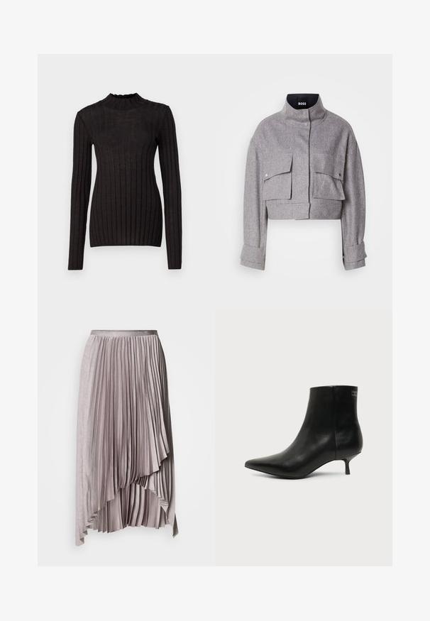 Grå cropped jakke med høj krave, to forlommer med klap og trykknapper, og lange ærmer med manchet detaljer.; Sort ribbet langærmet sweater med en høj, flæset hals. Stoffet er glat med en tætsiddende silhuet og har vertikale striber.; Lys mauve asymmetrisk plisseret nederdel med satinlinning og lagdelt, faldende kantdetalje mod en ensfarvet baggrund.; Sort læder ankelstøvle med spids tå og lav kitten hæl på lys baggrund, der viser yderside.