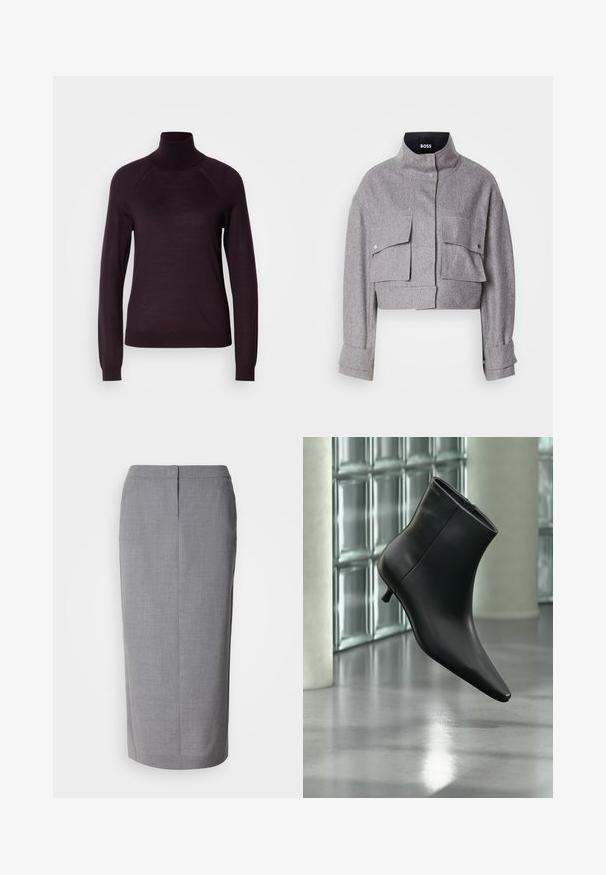 Chaqueta gris corta con cuello alto, dos bolsillos frontales con solapa y botón a presión, y mangas largas con detalles en los puños.; Suéter de cuello alto morado oscuro con mangas largas, puños acanalados y una textura suave; presenta mangas raglán y un diseño ajustado.; Falda lápiz gris hecha de una tela texturizada, con corte recto, abertura trasera y cierre de cremallera oculta en la parte posterior.; Botín negro de cuero con punta puntiaguda y tacón bajo estilo kitten, mostrado en ángulo sobre un suelo pulido y con una pared de bloques de vidrio de fondo.