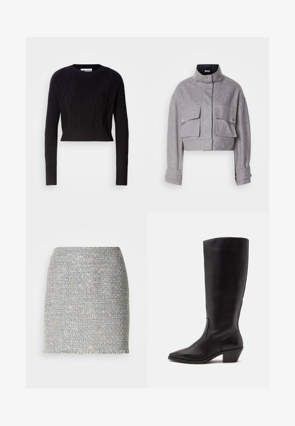 Grijze cropped jas met hoge kraag, twee voorflapzakken met drukknoopsluitingen en lange mouwen met manchetdetails.; Zwart cropped sweater gemaakt van ribgebreide stof, met textuur kabelpatronen, lange mouwen en een ronde halslijn.; Grijze en beige geweven tweed minirok met een rechte pasvorm en franjes aan de zoom, afgebeeld tegen een effen witte achtergrond.; Zwarte leren laars tot half op de kuit met een puntige neus en een lage schuine hak op een effen lichte achtergrond.