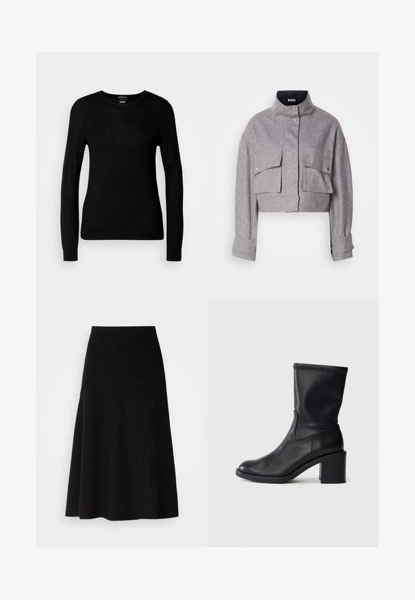 Grå cropped jakke med høj krave, to forlommer med klap og trykknapper, og lange ærmer med manchet detaljer.; Sort sweater lavet af et fint strikmateriale, med en rund halsudskæring og lange ærmer med tætsiddende mansjetter. Ingen synlige mønstre eller dekorationer.; Sort uld A-line nederdel med mellem høj talje, der har diagonale sømdetaljer og en glat tekstur, der falder lige under knæet.; Sort læder ankelstøvle med rund tå, glat tekstur og en grov hæl, der har et tætsiddende skaft og subtil syning.