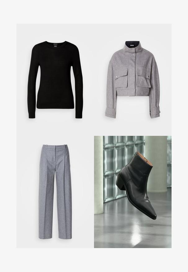 Chaqueta gris corta con cuello alto, dos bolsillos frontales con solapa y botón a presión, y mangas largas con detalles en los puños.; Suéter negro confeccionado en un material de punto fino, con cuello redondo y mangas largas con puños ajustados. Sin patrones ni adornos visibles.; Pantalones de pierna ancha color gris claro con una tela texturizada, que presentan pliegues en la parte delantera y una cintura entallada. Diseño minimalista, sin herrajes visibles.; Botín de piel negra con puntera puntiaguda y tacón cuadrado que levita sobre un suelo gris reflectante cerca de una pared de bloques de cristal.