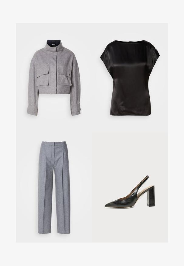 Grijze cropped jas met hoge kraag, twee voorflapzakken met drukknoopsluitingen en lange mouwen met manchetdetails.; Zwarte satijnen top met een boot neckline, kapmouwen en een subtiele glans. Voorzien van een verborgen ritssluiting op de rug. Gladde textuur.; Lichtgrijze wijdluwe broeken van een gestructureerde stof, met plooien aan de voorkant en een fijne taille. Minimalistisch ontwerp, zonder zichtbare hardware.; Zwarte leren slingback schoen met spits toelopend neusje, hoge blokhak en beige binnenvoering tegen een effen lichte achtergrond.