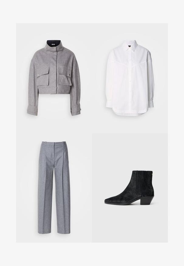 Veste grise courte avec col montant, deux poches avant à rabat avec boutons-pression, et manches longues avec détails de poignet.; Chemise blanche à manches longues en coton, dotée d'un col boutonné, de boutons sur le devant et d'une coupe décontractée avec des détails de couture subtils.; Pantalons larges gris clair en tissu texturé, avec des plis à l'avant et une taille cintrée. Design minimaliste, sans matériel visible.; Bottine noire à bout pointu, en matériau texturé imitant les cheveux, avec un panneau latéral à nervures et un petit talon carré. Un design simple et moderne.