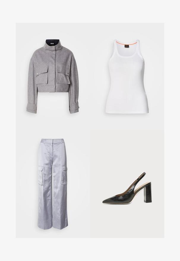 Grijze cropped jas met hoge kraag, twee voorflapzakken met drukknoopsluitingen en lange mouwen met manchetdetails.; Wit geribd tanktop met een ronde hals, voorzien van een smal bandjesontwerp en een oranje accent langs de binnenkant van de halslijn. Merkembleem zichtbaar.; Lichtgrijze wijde cargobroek van gladde stof, met zijzakken, een getailleerde tailleband en geen zichtbare sluitingen of ritsen.; Zwarte leren slingback schoen met spits toelopend neusje, hoge blokhak en beige binnenvoering tegen een effen lichte achtergrond.