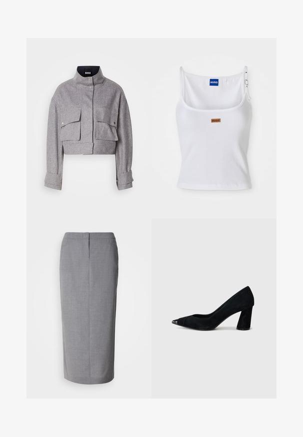 Grijze cropped jas met hoge kraag, twee voorflapzakken met drukknoopsluitingen en lange mouwen met manchetdetails.; Witte geribde tanktop met verstelbare bandjes, voorzien van een blauw logo label en een klein bruin label, gemaakt van een zachte, rekbare stof.; Grijze kokerrok van gestructureerde stof, met een rechte snit, een split aan de achterkant en een verborgen ritsluiting aan de achterkant.; Zwarte suède hoge hakpumps met een puntige neus, voorzien van een glanzende zwarte kapneus en een chunky, taps toelopende hak.