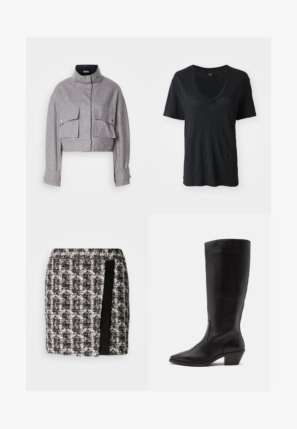 Grå cropped jakke med høj krave, to forlommer med klap og trykknapper, og lange ærmer med manchet detaljer.; Sort kortærmet V-hals T-shirt lavet af blødt stof, med en afslappet pasform og subtile teksturdetaljer på forsiden.; Sort og hvid houndstooth nederdel med elastisk talje, der har et sort stofpanel på siden. Kortskaft, tekstureret stof.; Sort læderstøvle til midtkalv med spids tå og lavt skråt hæl på en enkel lys baggrund.