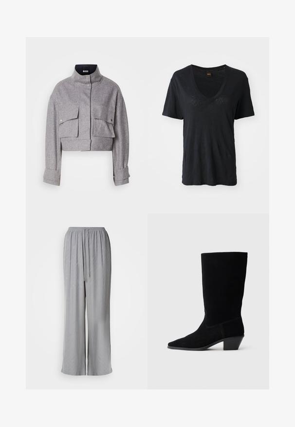 Grå cropped jakke med høj krave, to forlommer med klap og trykknapper, og lange ærmer med manchet detaljer.; Sort kortærmet V-hals T-shirt lavet af blødt stof, med en afslappet pasform og subtile teksturdetaljer på forsiden.; Lys grå vide bukser lavet af blødt stof, med en elastisk talje med snor og subtile diagonale mønstre.; Sort ruskind ankelstøvle med spidse tæer, mellemhøj skaft og en chunky hæl. Fuldender et minimalistisk design med lidt syninger og en glat tekstur.