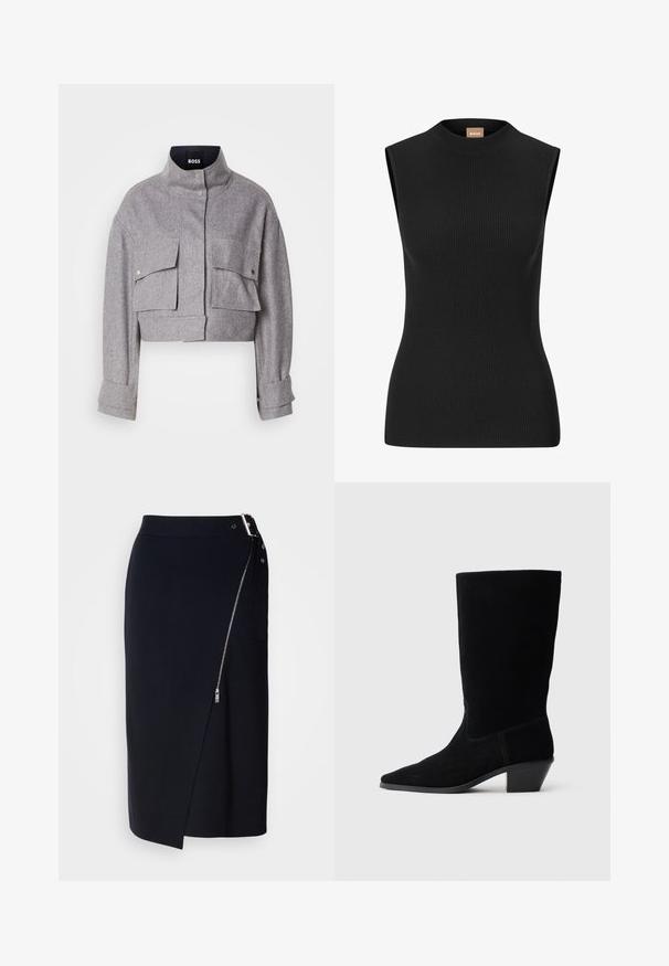 Grijze cropped jas met hoge kraag, twee voorflapzakken met drukknoopsluitingen en lange mouwen met manchetdetails.; Mouwloze zwarte geribbelde top met een hoge halslijn en een aansluitende pasvorm, gemaakt van rekbaar materiaal. Bevat minimale branding op de hals.; Marineblauwe kokerrok gemaakt van rekbaar stof, met een zijrits, een asymmetrische zoom en een slanke silhouette.; Zwarte suede enkellaars met een spitse neus, een schacht van gemiddelde hoogte en een chunky hak. Heeft minimaal stikwerk en een gladde textuur.