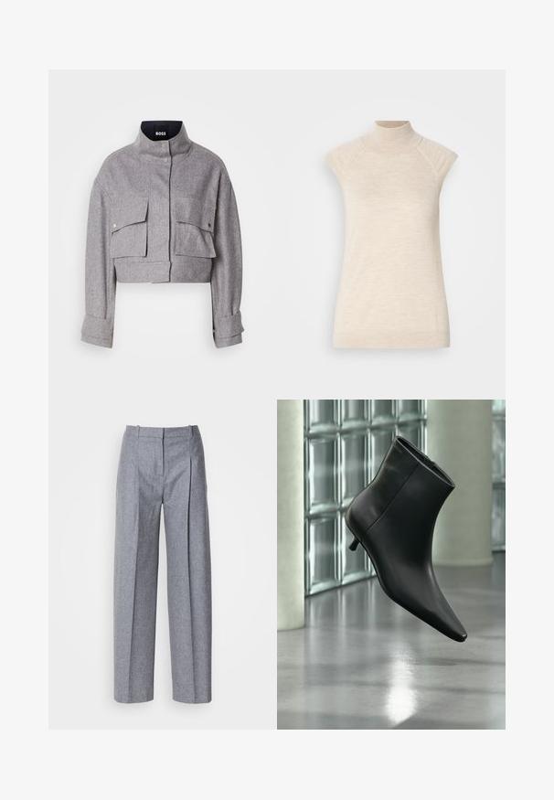 Grijze cropped jas met hoge kraag, twee voorflapzakken met drukknoopsluitingen en lange mouwen met manchetdetails.; Beige hooggesloten mouwloze top, gemaakt van zachte, gestructureerde stof. Beschikt over raglan-schouderpassen en een getailleerde pasvorm. Geschikt voor gelaagde outfits.; Lichtgrijze wijdluwe broeken van een gestructureerde stof, met plooien aan de voorkant en een fijne taille. Minimalistisch ontwerp, zonder zichtbare hardware.; Zwarte leren enkellaars met spits toelopende neus en lage kittenhak, schuin weergegeven tegen een gepolijste vloer en een glazen blokken muur als achtergrond.